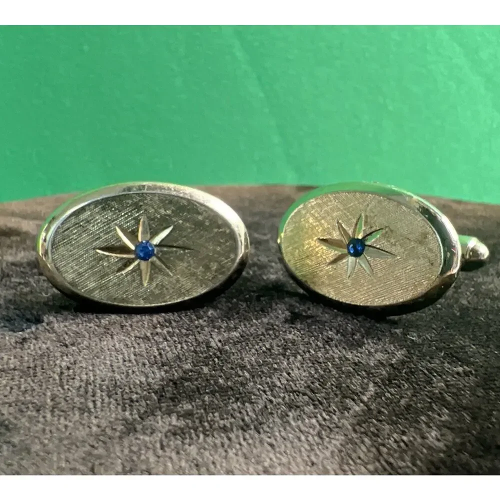 VTG Gold Tone Cufflinks & Tie Clip Blue Rhinestone Starburst Mid Century Avon